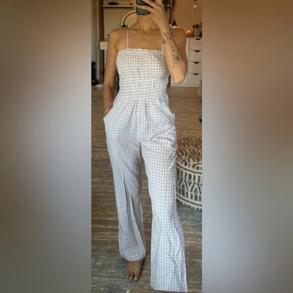 Sincerely Jules gingham Jumpsuit with Wide-Leg blue white coastal